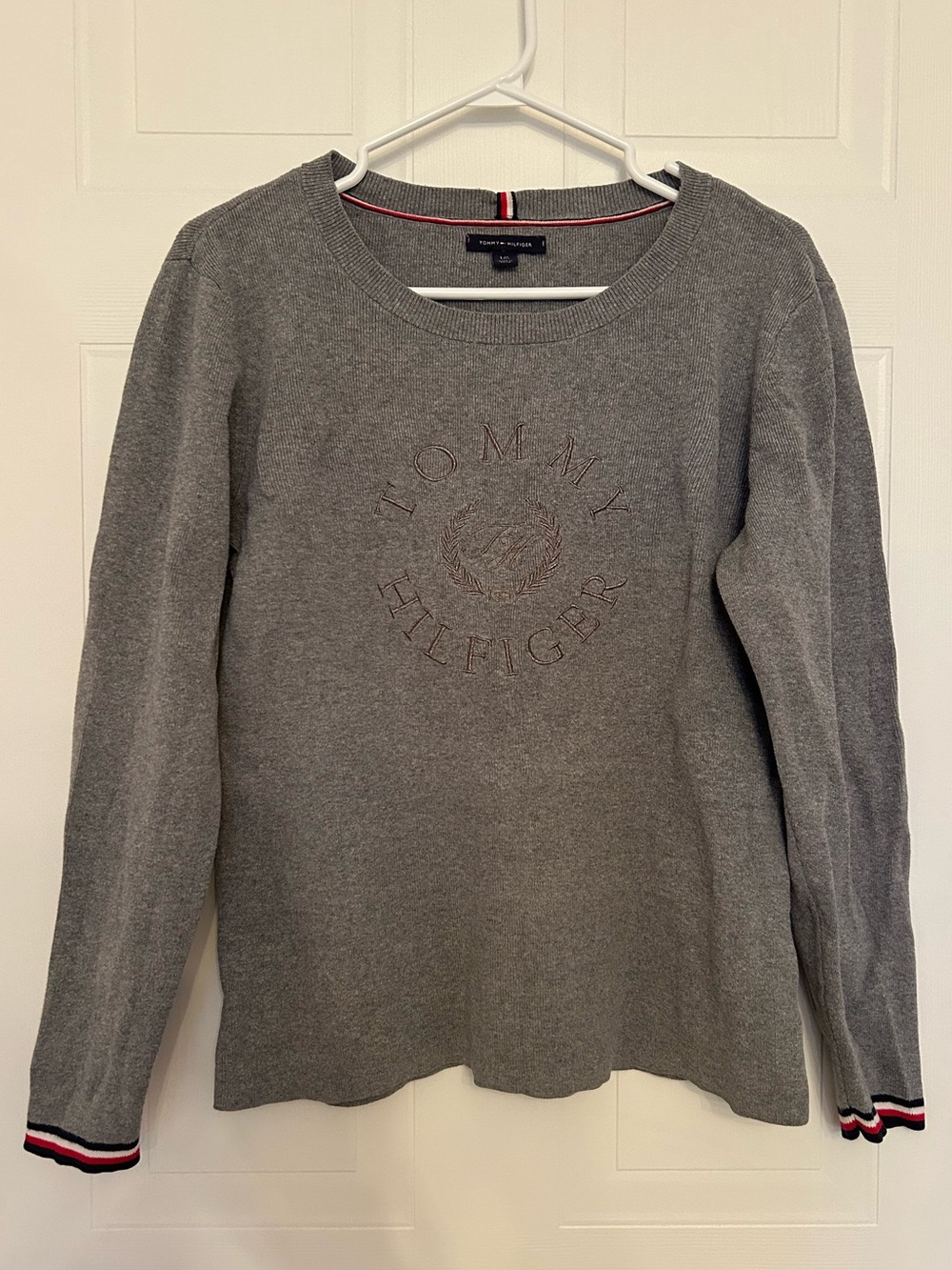 Tommy Hilfiger Gray Crewneck Sweater with Stripe Cuffs